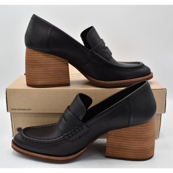 KorkEase Womens 8.5 Modeste Black Leather Stacked Heeled Penny Loafer Pump Shoes - Picture 10 of 13